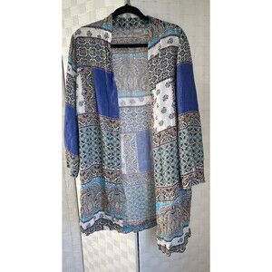 Chicos Patchwork Linen Duster Size 3 Open Front 3/4 Sleeve Women’s Cardigan